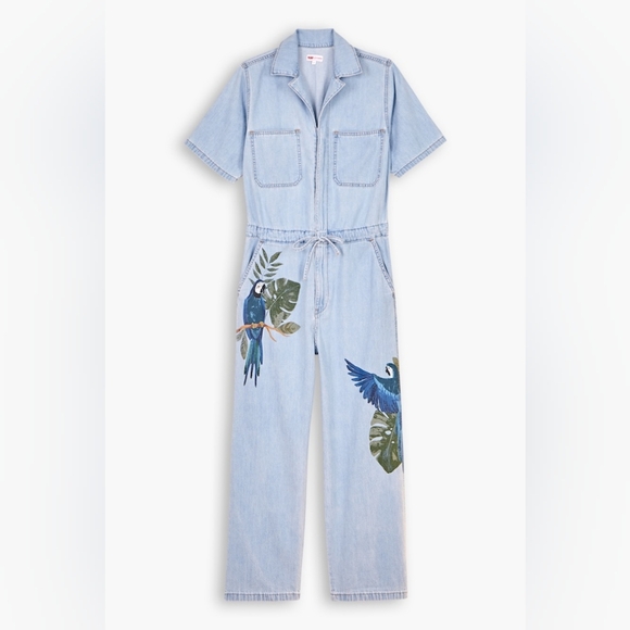 FARM Rio Pants - FARM Rio Light Blue Denim Jumpsuit with Parrot Print